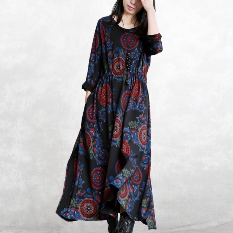 baggy black print natural cotton blended dress plus size clothing O neck pockets cotton blended gown boutique long sleeve tie waist autumn dress