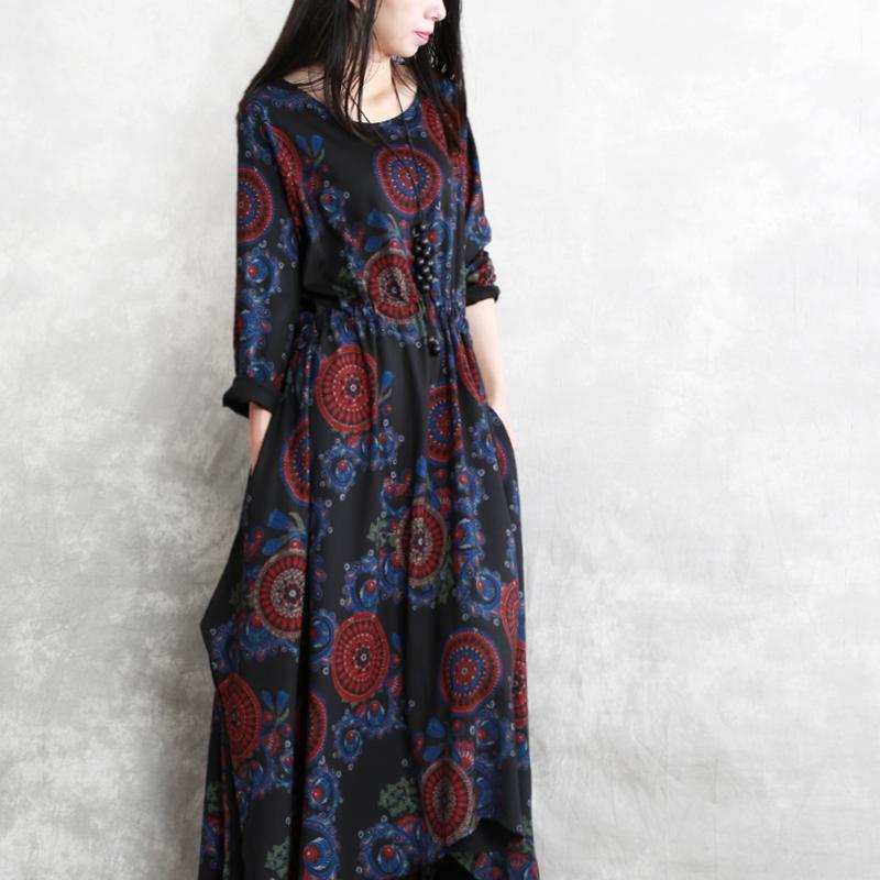 baggy black print natural cotton blended dress plus size clothing O neck pockets cotton blended gown boutique long sleeve tie waist autumn dress