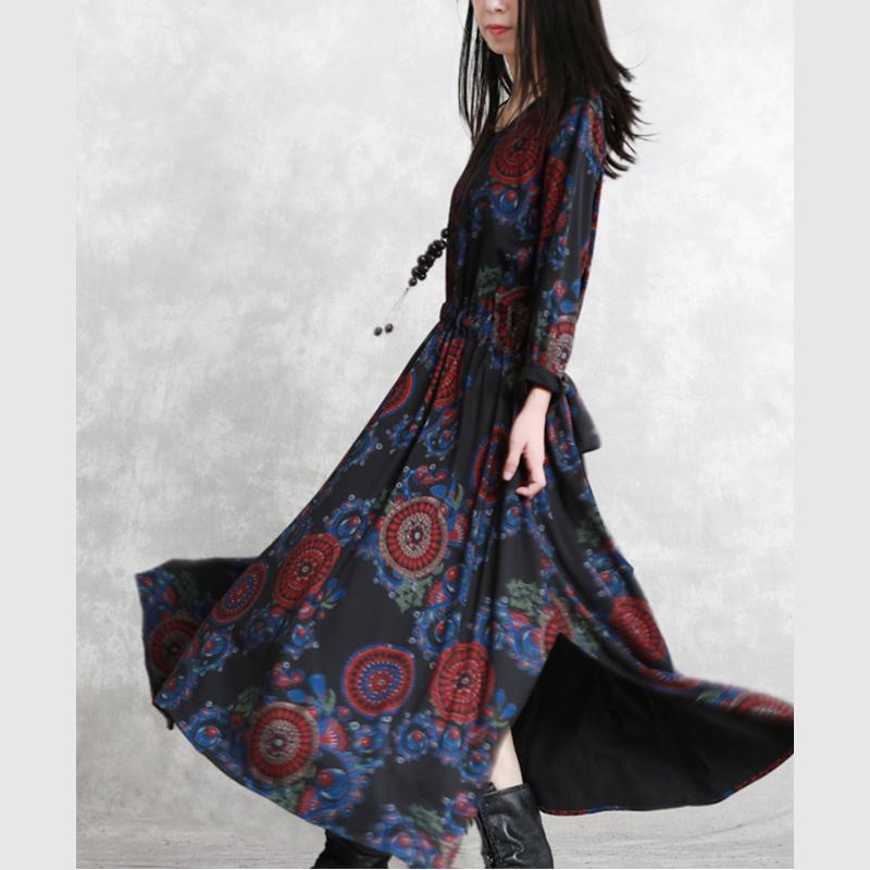 baggy black print natural cotton blended dress plus size clothing O neck pockets cotton blended gown boutique long sleeve tie waist autumn dress