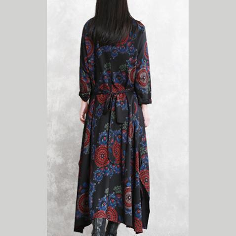 baggy black print natural cotton blended dress plus size clothing O neck pockets cotton blended gown boutique long sleeve tie waist autumn dress