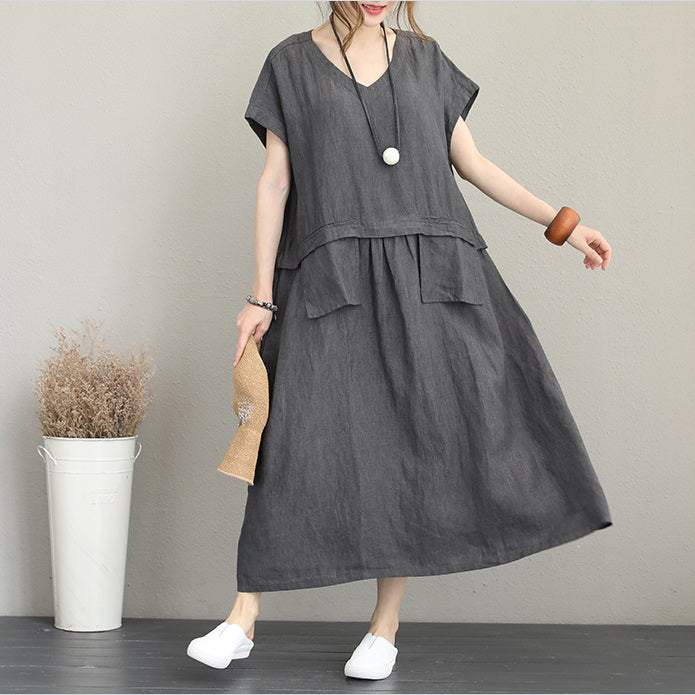 baggy gray linen maxi dress plus size clothing v neck linen clothing dresses fine two big pockets gown