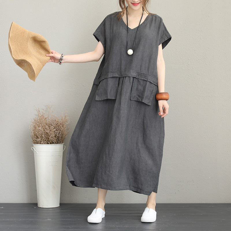 baggy gray linen maxi dress plus size clothing v neck linen clothing dresses fine two big pockets gown