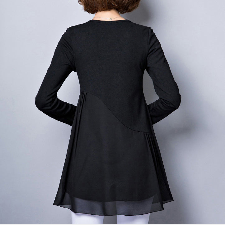 baggy loose black patchwork chiffon dresses plus size long sleeve casual dress