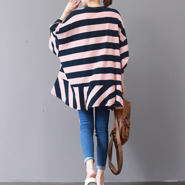 baggy pink striped cotton Vest plus size clothing traveling clothing fine patchwork o neck cotton blouses