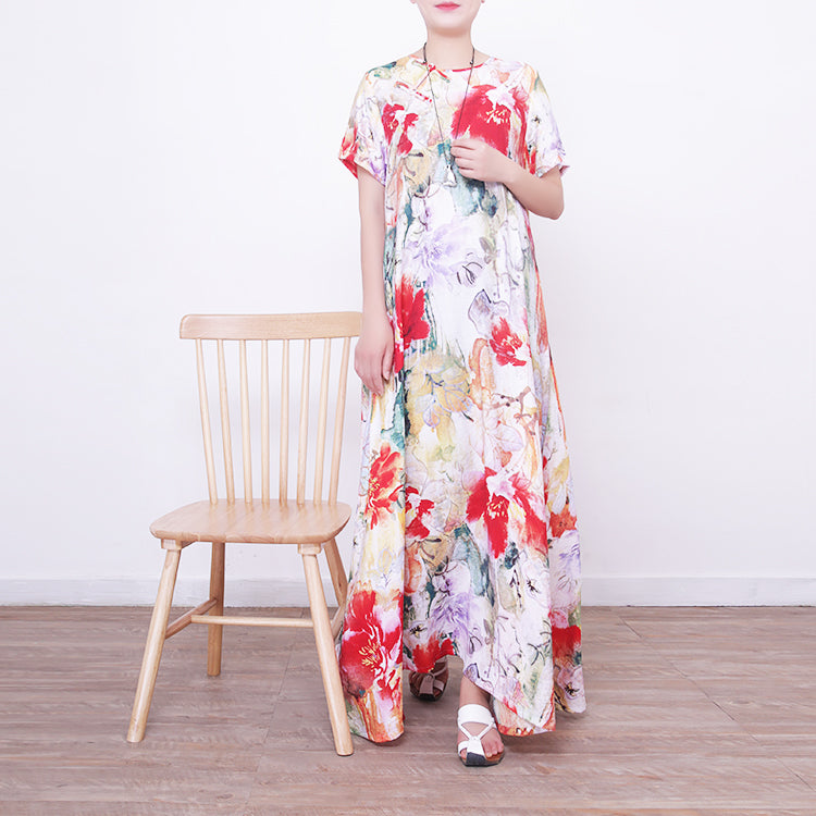 baggy prints long linen dresses casual oversized o neck linen gown boutique Chinese Button long dresses