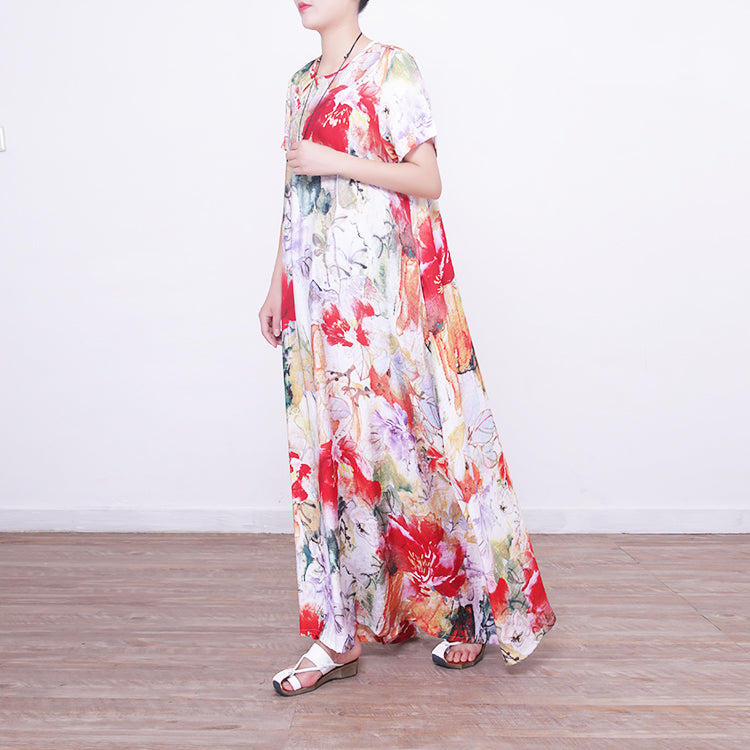 baggy prints long linen dresses casual oversized o neck linen gown boutique Chinese Button long dresses