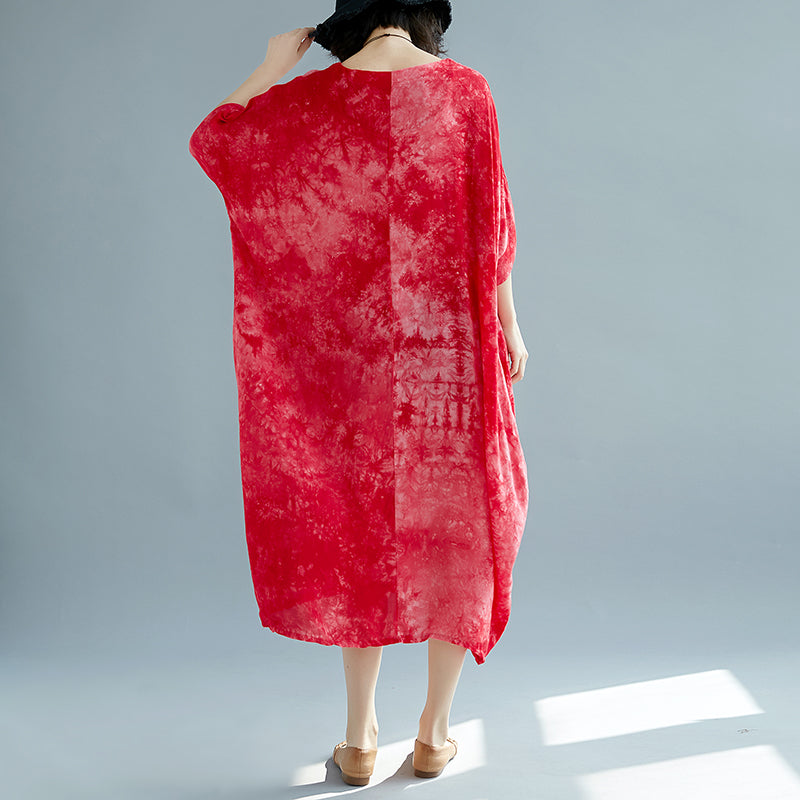 baggy red linen dresses oversize O neck floral linen gown Elegant short sleeve baggy dresses linen caftans