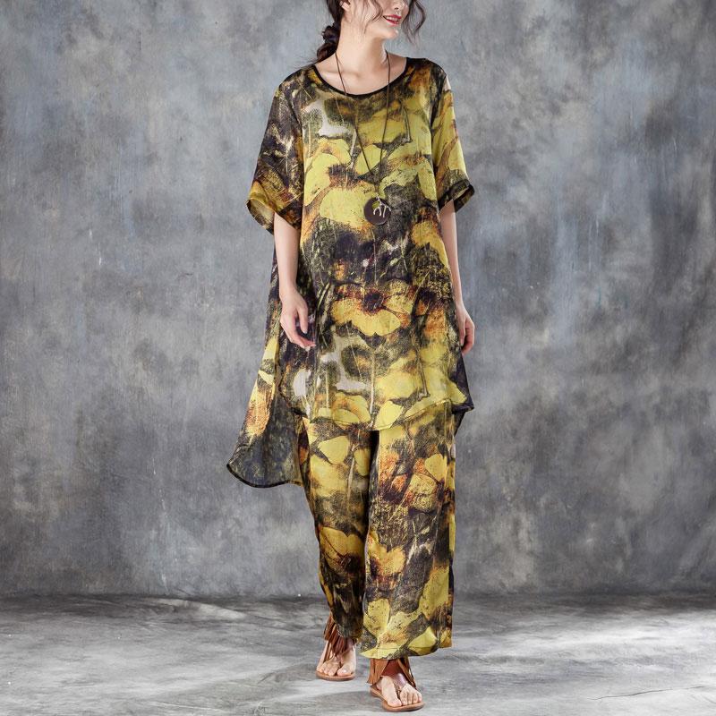 baggy Chiffon summer dress oversized Yellow Two Pieces Set Printed Irregular Top Wide Leg Pants