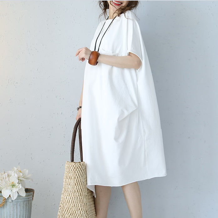 baggy white natural cotton dress oversized cotton clothing dress casual short sleeve o neck cotton dresses