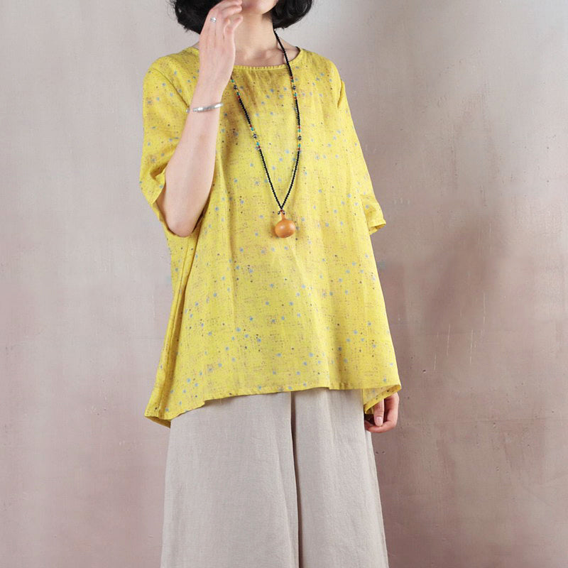 baggy yellow print natural linen t shirt Loose fitting traveling clothing casual short sleeve o neck back side open natural linen pullover