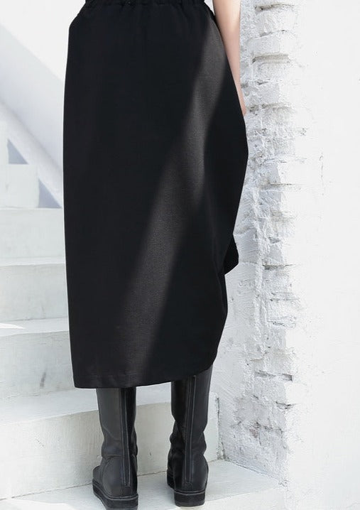 black casual cotton blended skirts loose one side drawstring elastic waist aline skirts