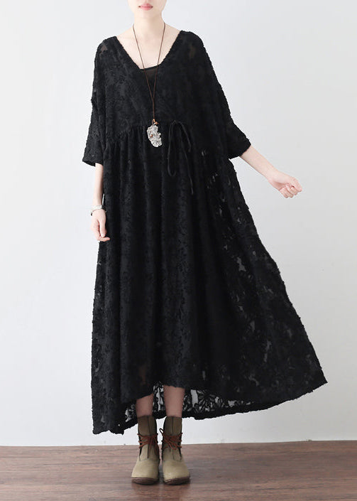 black cross neck lace dresses plus size lace caftans tunic high waist design