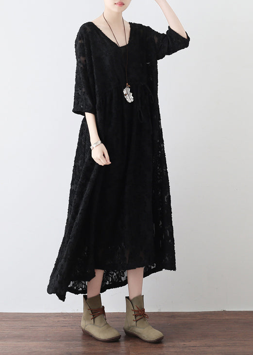 black cross neck lace dresses plus size lace caftans tunic high waist design