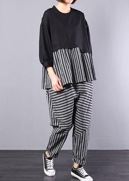 black patchwork striped two pieces cotton linen tops and striped harem pants