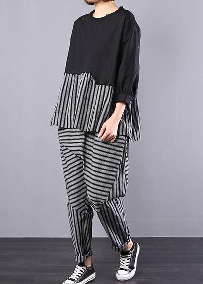 black patchwork striped two pieces cotton linen tops and striped harem pants