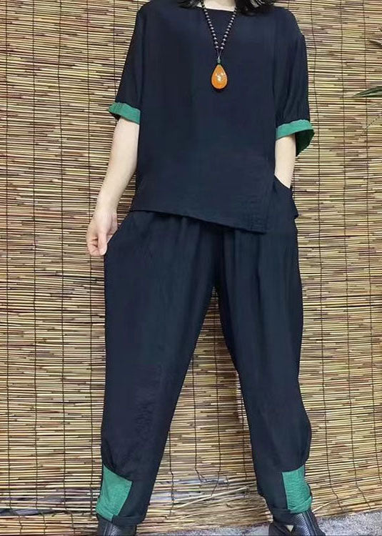 black cotton linen two pieces o neck Cinched hem tops and women harem pants