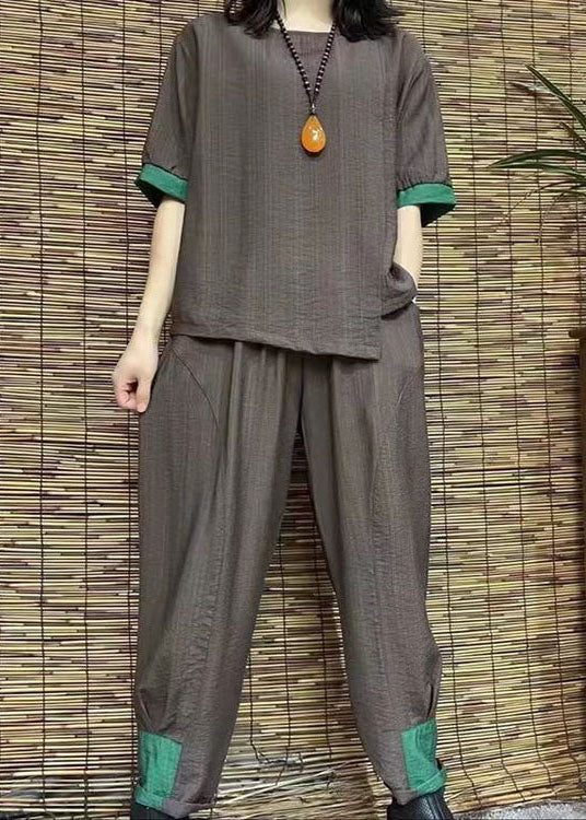 black cotton linen two pieces o neck Cinched hem tops and women harem pants