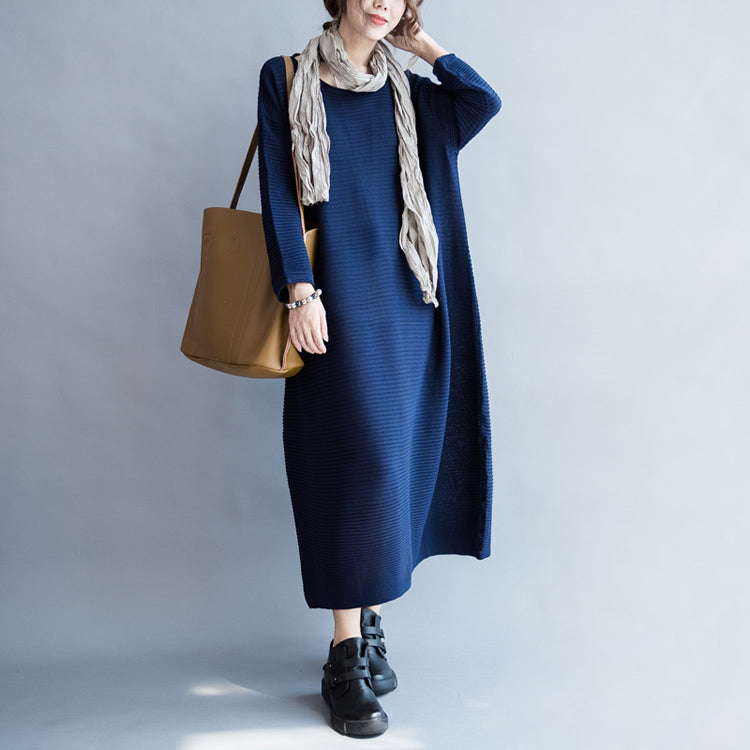 blue casual warm knit dresses oversize o neck sweater dress