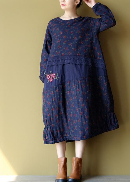 blue floral cotton warm dresses plus size embroidery linen casual long sleeve patchwork dresses