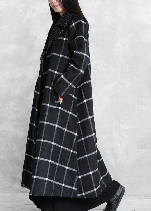 boutique black plaid wool coat for woman Loose fitting Notched tie waist Winter coat