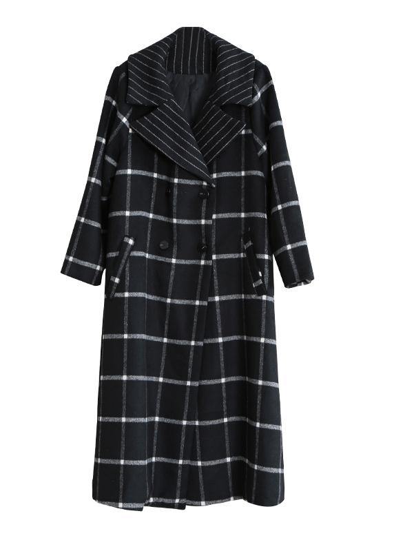 boutique black plaid wool coat for woman Loose fitting Notched tie waist Winter coat