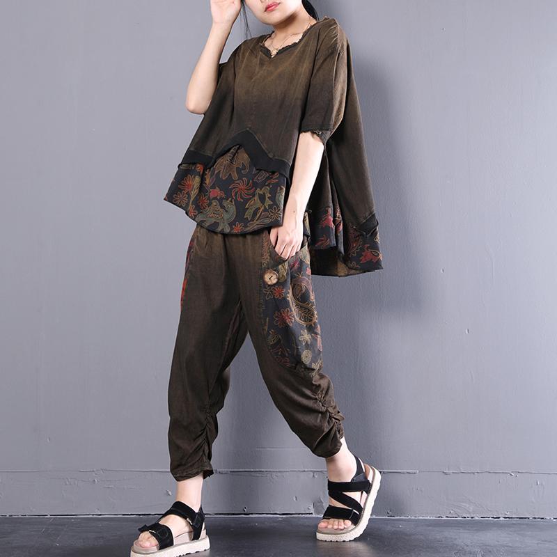 boutique cotton blouses oversize Retro Women Summer Casual Loose Floral Suits