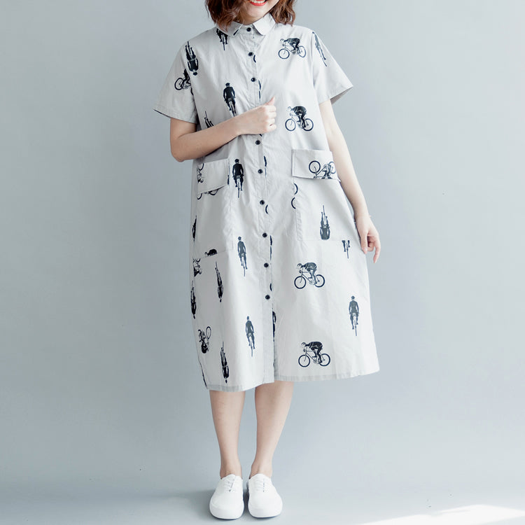 boutique gray print pure cotton dress plus size casual dress boutique short sleeve pockets Turn-down Collar hollow out midi dress