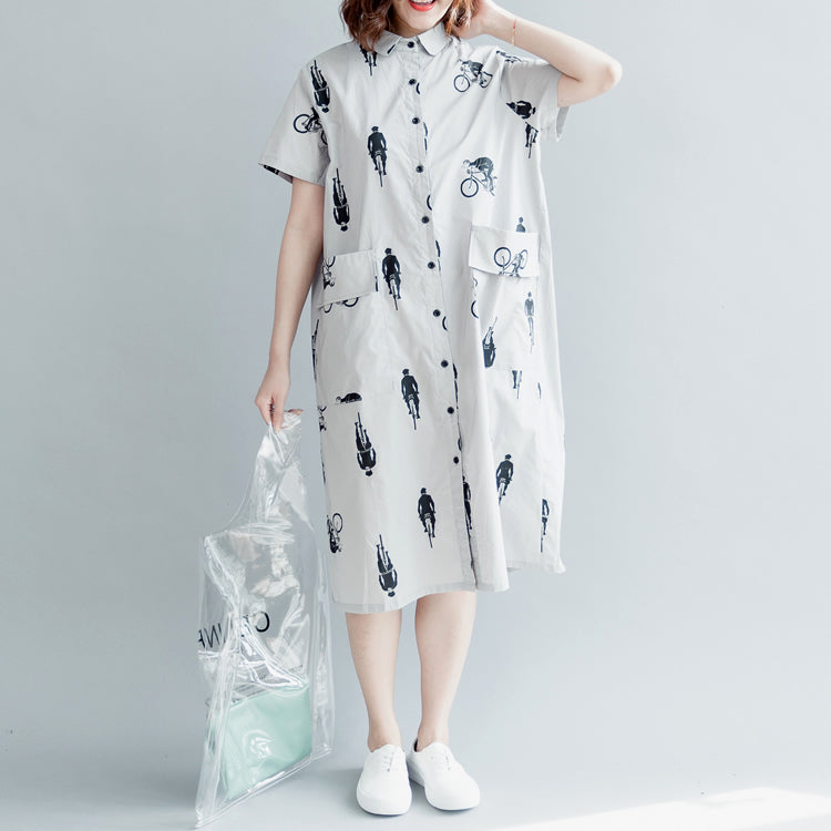 boutique gray print pure cotton dress plus size casual dress boutique short sleeve pockets Turn-down Collar hollow out midi dress