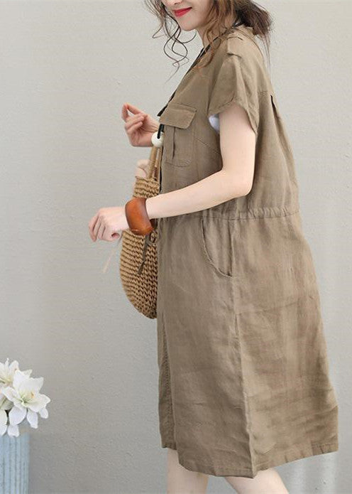 boutique khaki linen dresses plus size linen clothing dresses Elegant drawstring v neck midi dress