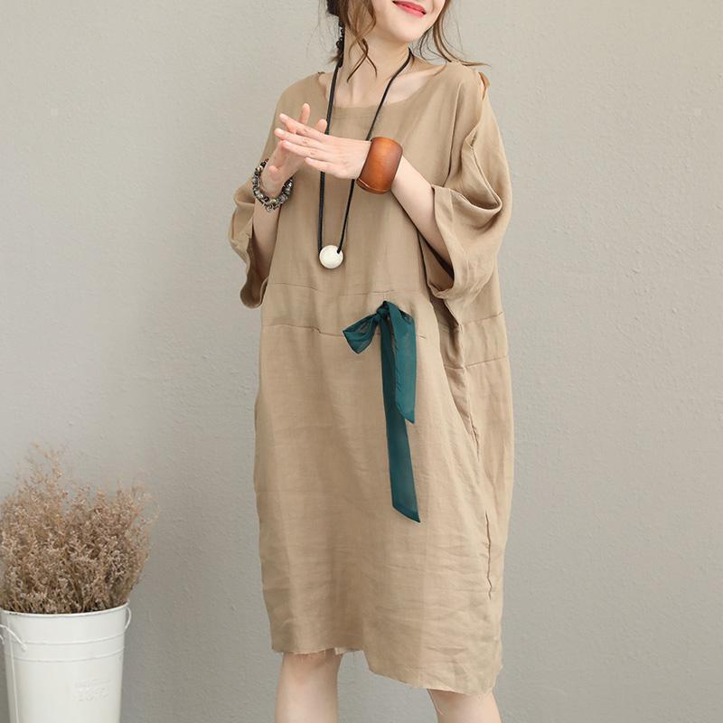 boutique khaki pure linen dress Loose fitting linen clothing dresses Elegant waist drawstring bracelet sleeved midi dress