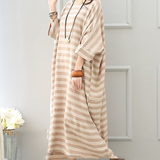 boutique khaki striped linen maxi dress plus size o neck linen gown women batwing sleeve gown