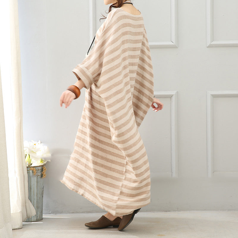 boutique khaki striped linen maxi dress plus size o neck linen gown women batwing sleeve gown