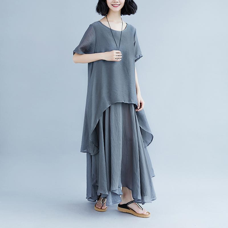 boutique linen dresses oversize Casual Short Sleeve Gray Pockets Fake Two-piece Dress