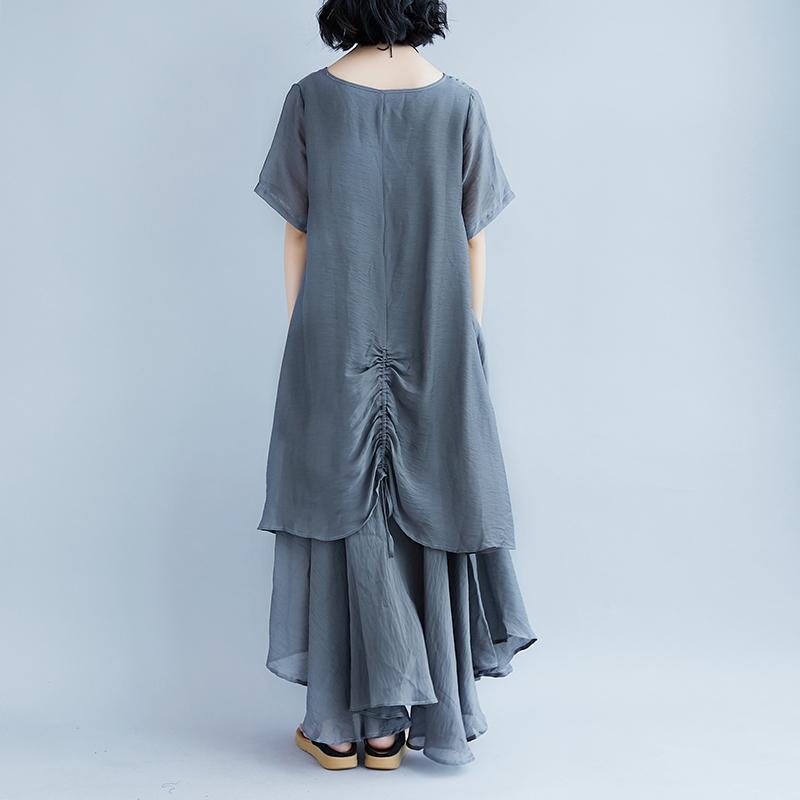 boutique linen dresses oversize Casual Short Sleeve Gray Pockets Fake Two-piece Dress