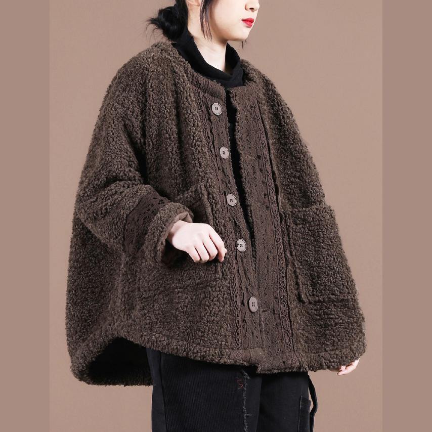 boutique trendy spring coats chocolate o neck patchwork fuzzy wool coat for woman