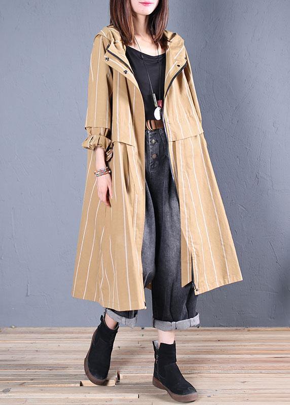 boutique women casual Coats fall khaki striped hooded zippered overcoat