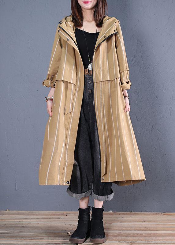 boutique women casual Coats fall khaki striped hooded zippered overcoat