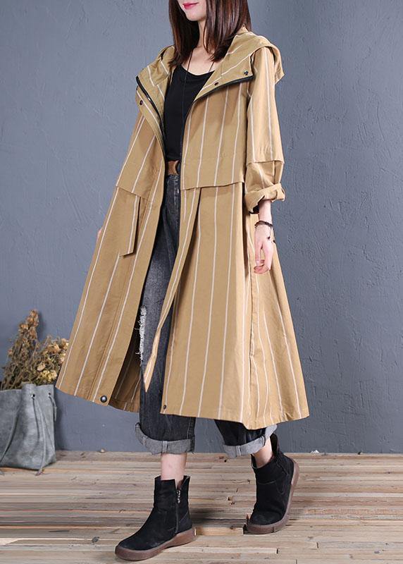 boutique women casual Coats fall khaki striped hooded zippered overcoat