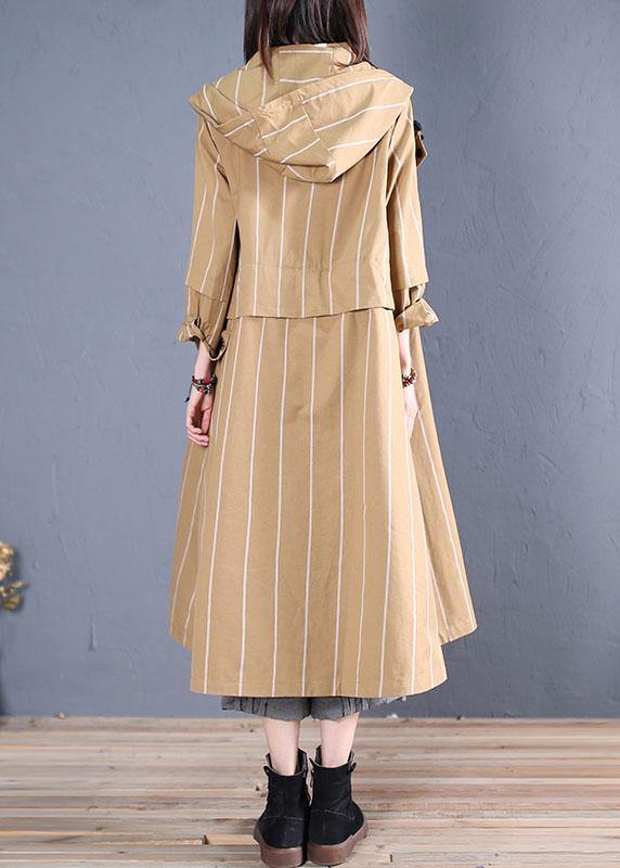 boutique women casual Coats fall khaki striped hooded zippered overcoat