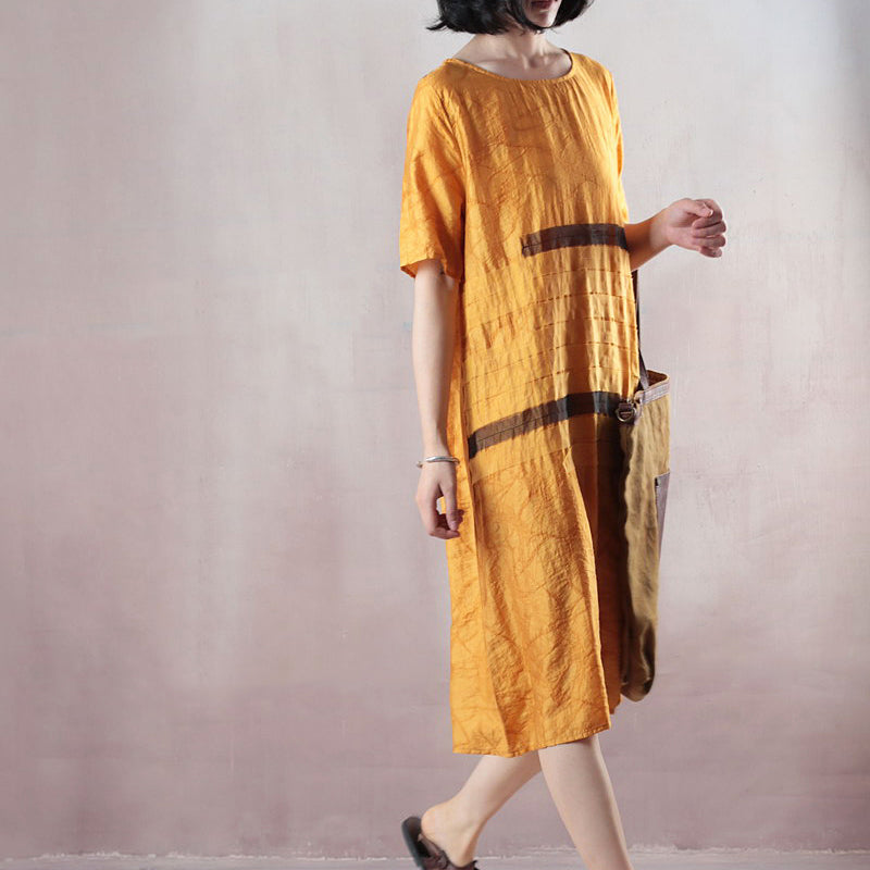 boutique yellow pure linen dresses oversized linen dress casual short sleeve Jacquard O neck linen dress