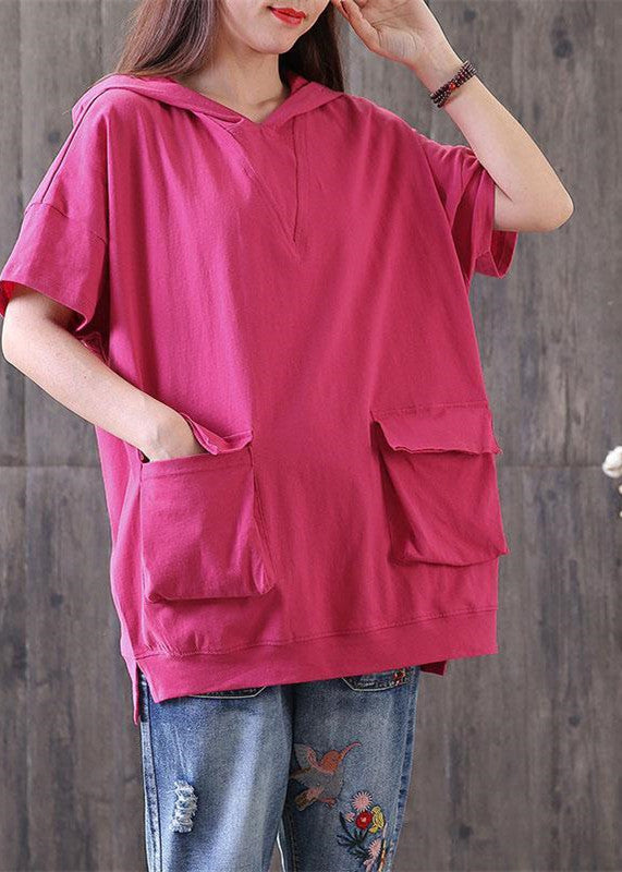 brief pure cotton blouse oversize Casual Hooded Short Sleeve Cotton Rose Red Tops