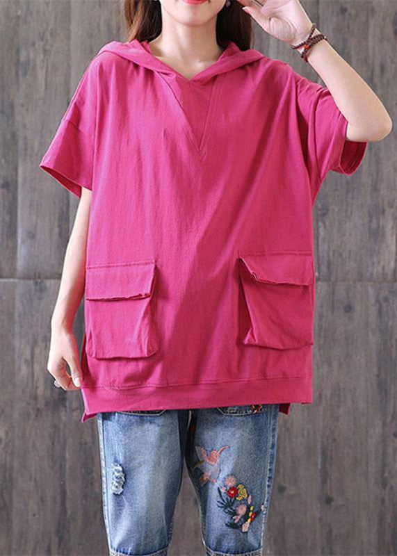 brief pure cotton blouse oversize Casual Hooded Short Sleeve Cotton Rose Red Tops