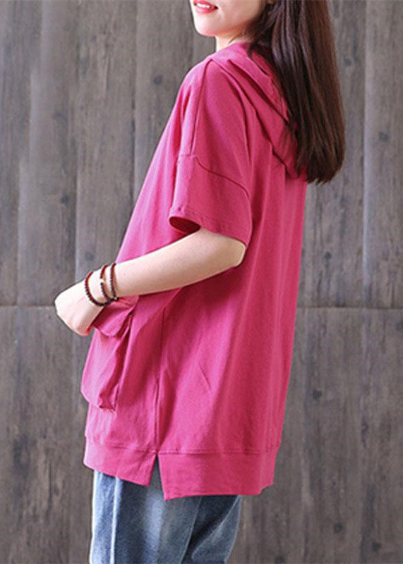 brief pure cotton blouse oversize Casual Hooded Short Sleeve Cotton Rose Red Tops