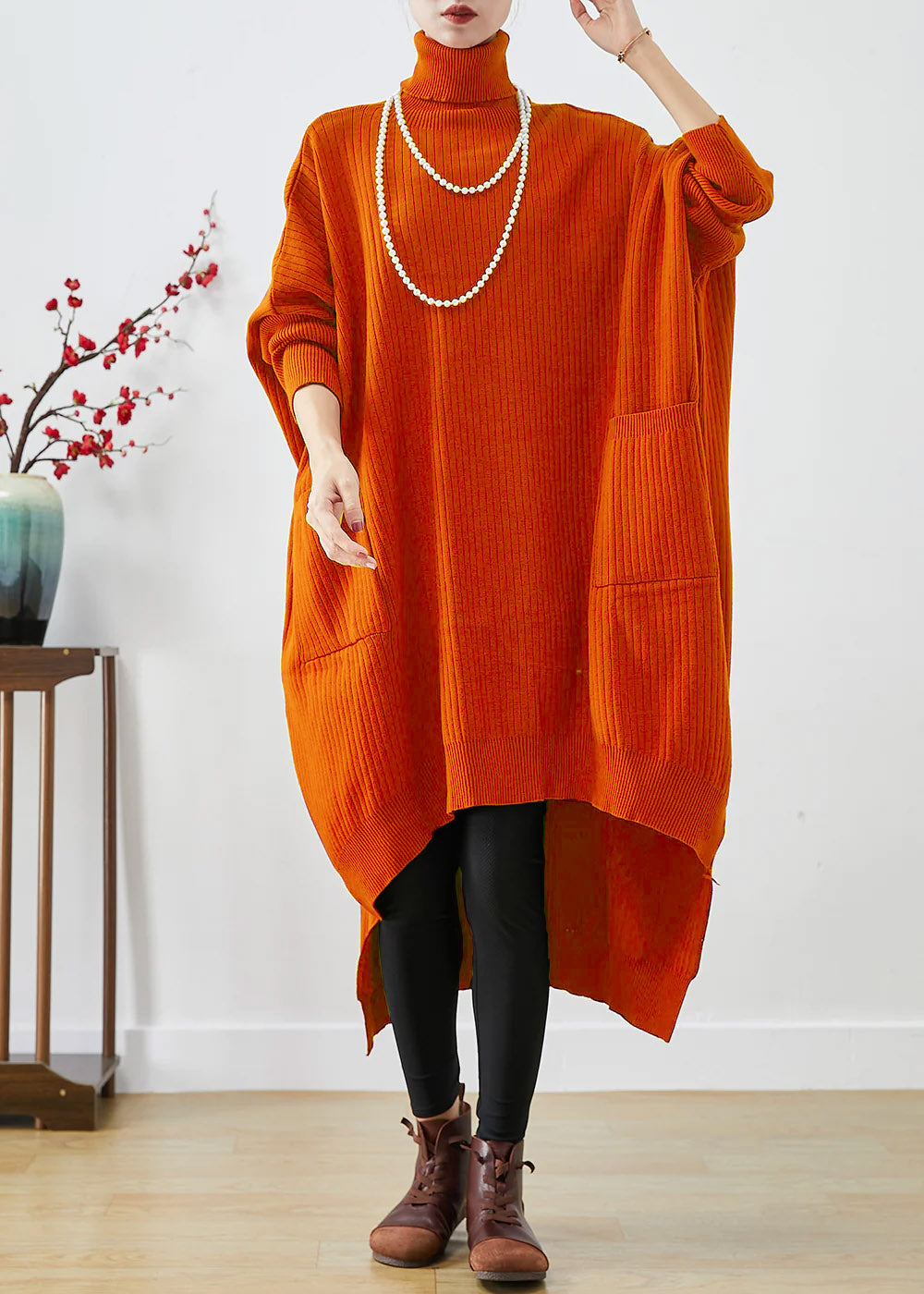 Red Oversized Knit Sweater Dress Turtle Neck Asymmetrical Batwing Sleeve