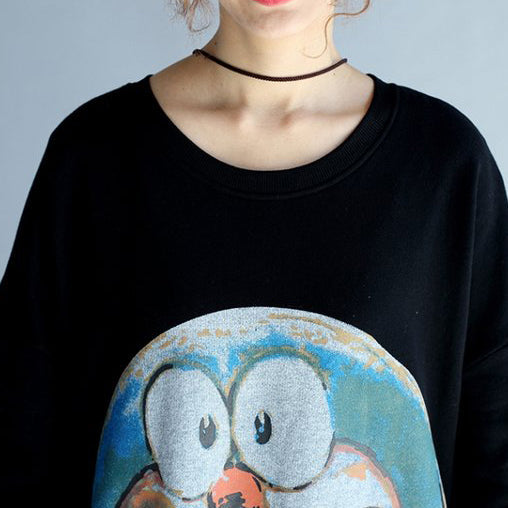 cartoon print black cotton mid long t shirt plus size o neck tops