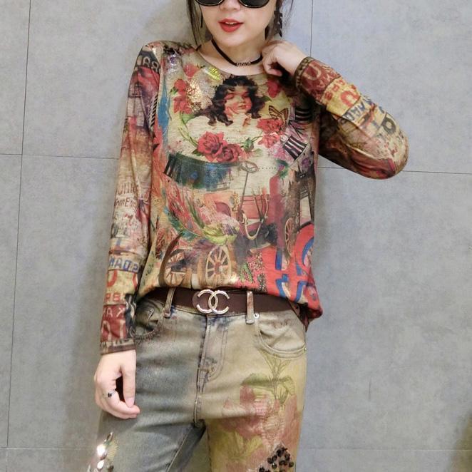 cartoon print women new cotton t shirt oversize wild long sleeve tops cozy fall 2025