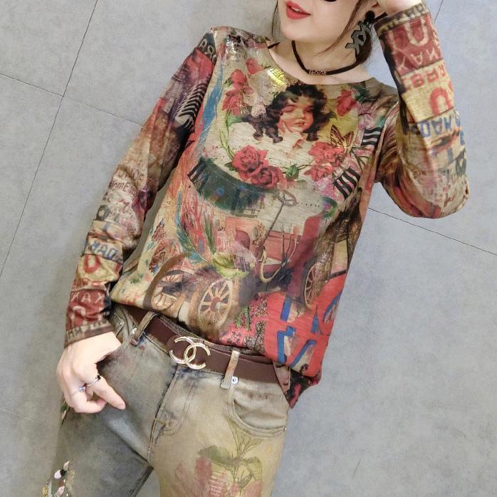 cartoon print women new cotton t shirt oversize wild long sleeve tops cozy fall 2025