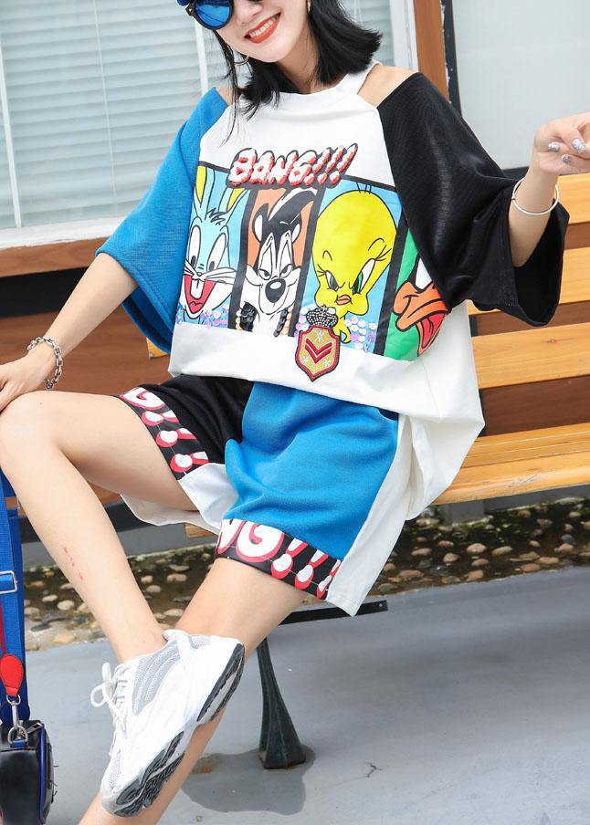 casual cartoon print design short-sleeved t-shirt women and shorts