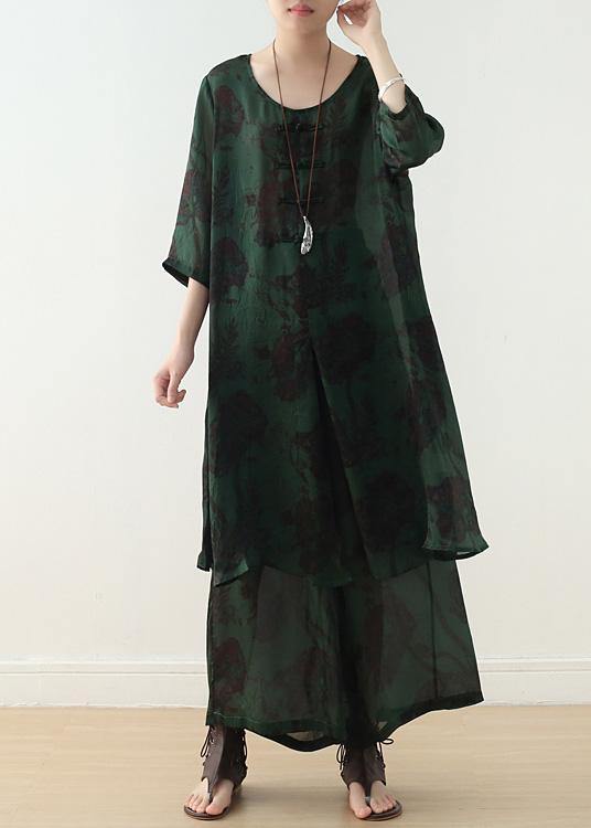 casual silk green prints Chinese Button dresses with elastic waist wide leg pants