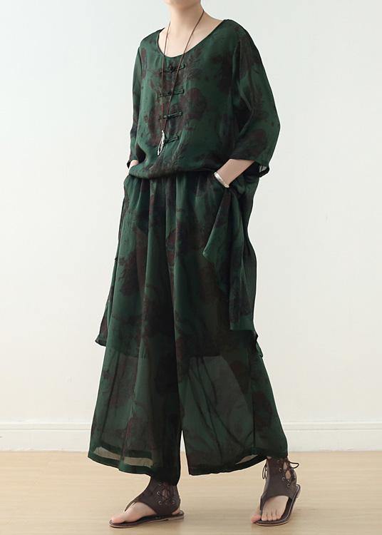 casual silk green prints Chinese Button dresses with elastic waist wide leg pants